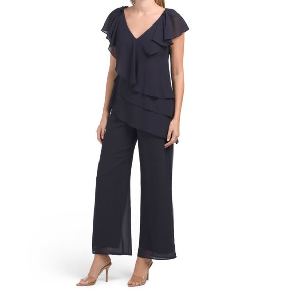 MARINA Navy Tiered Ruffle Jumpsuit